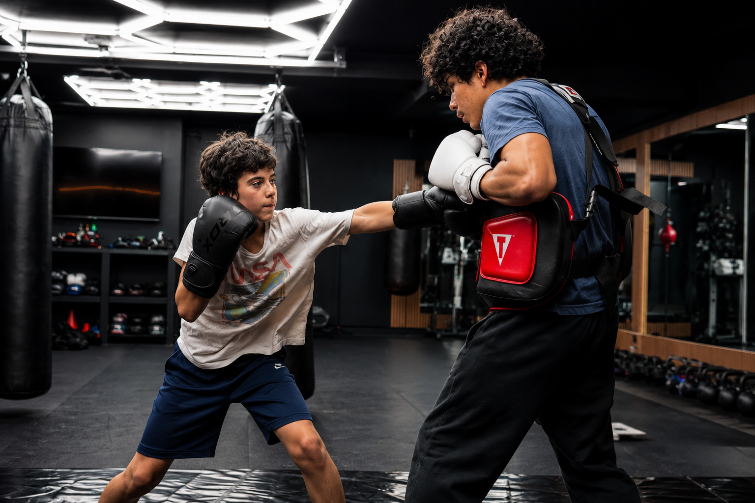 Young boxer practicing a jab with a coach at OG Boxing & Fitness